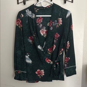 Zara Green Wrap Blouse with Cuffed Sleeves and Tie Front